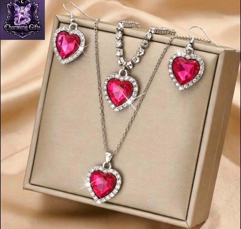 Fashionable And Easy Peach Heart Necklace, Earrings, And Bracelet 4pcs Set, Valentine'S Day, Christmas, Girlfriend, Best Friend Gift (Product Does Not Include Box)