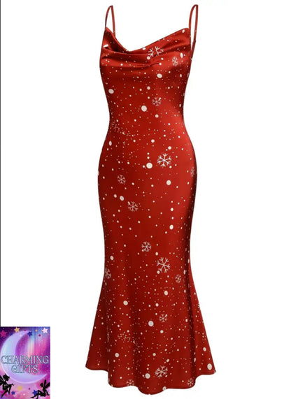 Plus Size, Women's Plus Size Red Formal Party Dress - Elegant mermaid Print Gown with Thin Spaghetti Strap, Machine Washable Party, Christmas & New Year's Evening Attire for Women, Holiday Celebration Wear, Medium Stretch Material, Best for Christmas