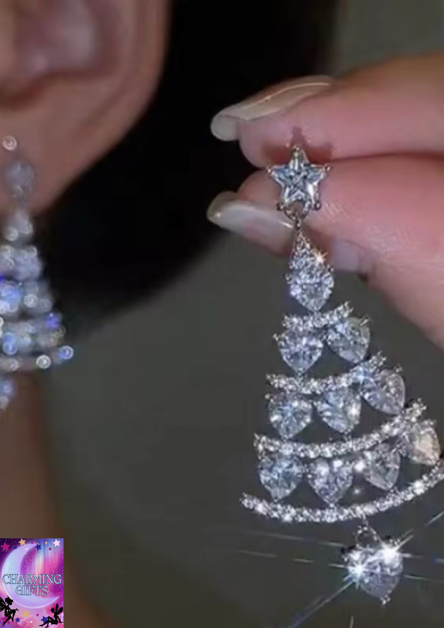 Fashion Christmas Tree Zircon Crystal Star Silver Color Earrings Stud Dangle Xmas Jewelry Women Party Gift