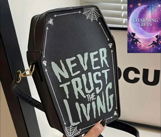 Halloween Coffin-Shaped Crossbody Bag - "NEVER TRUST THE LIVING" Spooky Design with Spider Webs, Skeletal Hands & Bats, Synthetic Leather, Adjustable Strap, Black, Perfect for Parties, Trick Or Treat Bag | Thematic Halloween Bag | Machine Washable Bag