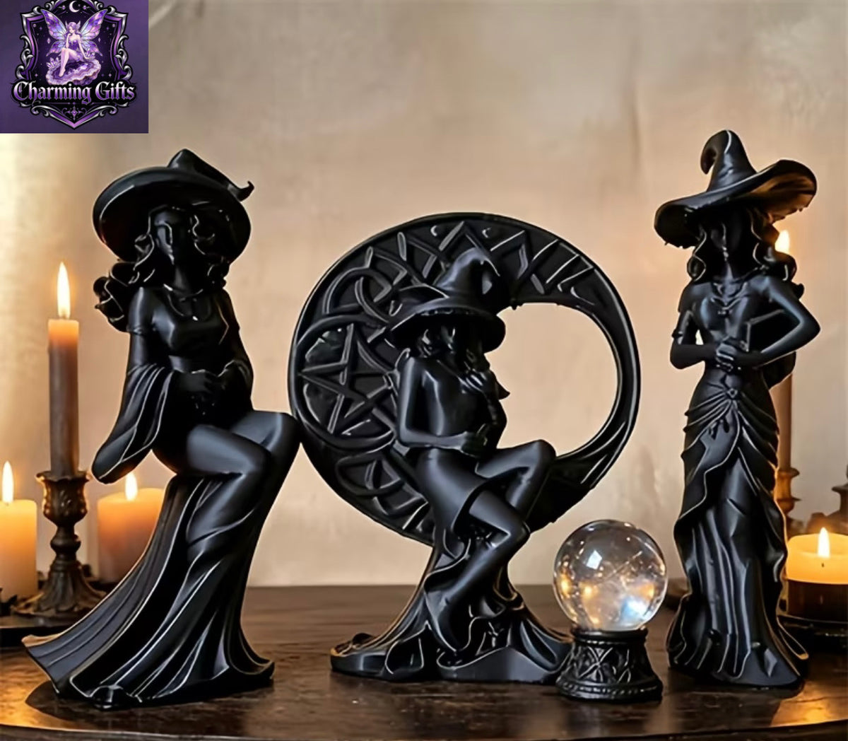 🌙 3PC GOTHIC BLACK WITCH STATUE SET — MYSTICAL & ENCHANTING! 🌙