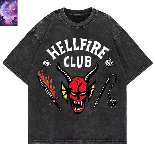 Hellfire Club 100% Cotton Vintage Washed Club T Shirt Fashion Men/Women Aesthetic Retro Streetwear High Quality Retro Acid Wash Tees Shirts