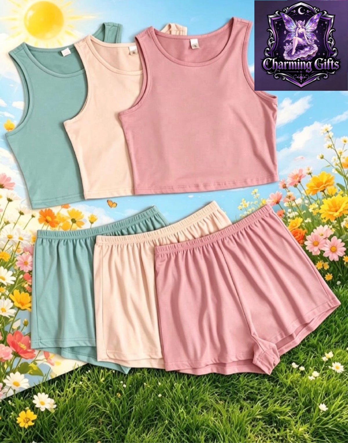 3pcs Solid Color Tank Top & Shorts Set, Fashionable For Women Summer Outfit