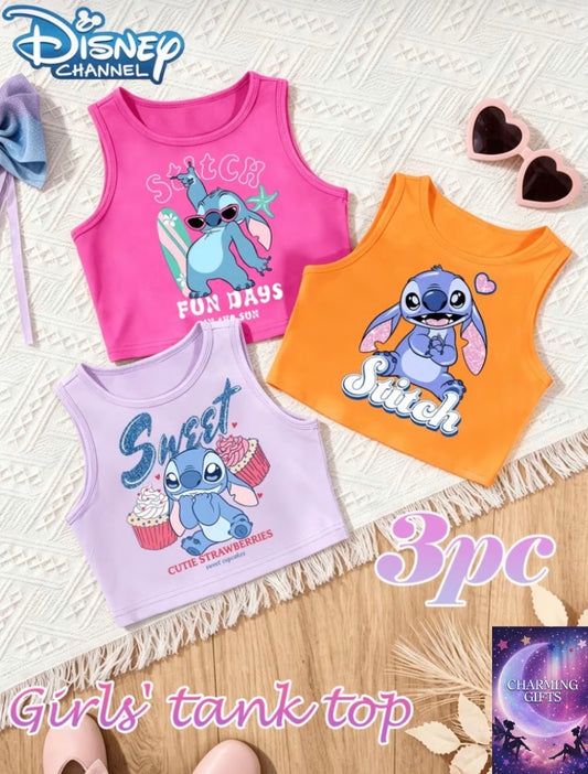 [Authorized] Disney Girls' 3pcs Tank Top Set Featuring Sweet, Cute Cartoon Prints; Sleeveless, Round-neck Base Layer Tops; Breathable Fabric; Suitable for Various Occasions Including Casual Wear, School, Outdoor Sports, and Lounging at Home.