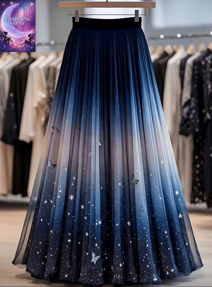 Plus Size - Plus Size - Plus Size Women'S New Lace Mesh Large Swing Skirt Butterfly Starry Sky Pattern Printing Suitable for Banquets, Dates, And Daily Wear