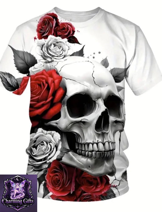 Men'S 3D Skull & Rose Print T-Shirt - Casual Crew Neck, Short Sleeve, Polyester Knit, Summer Style, Regular Fit, Adult Size, Casual Summer Top | Skull Print Top | Polyester Fabric