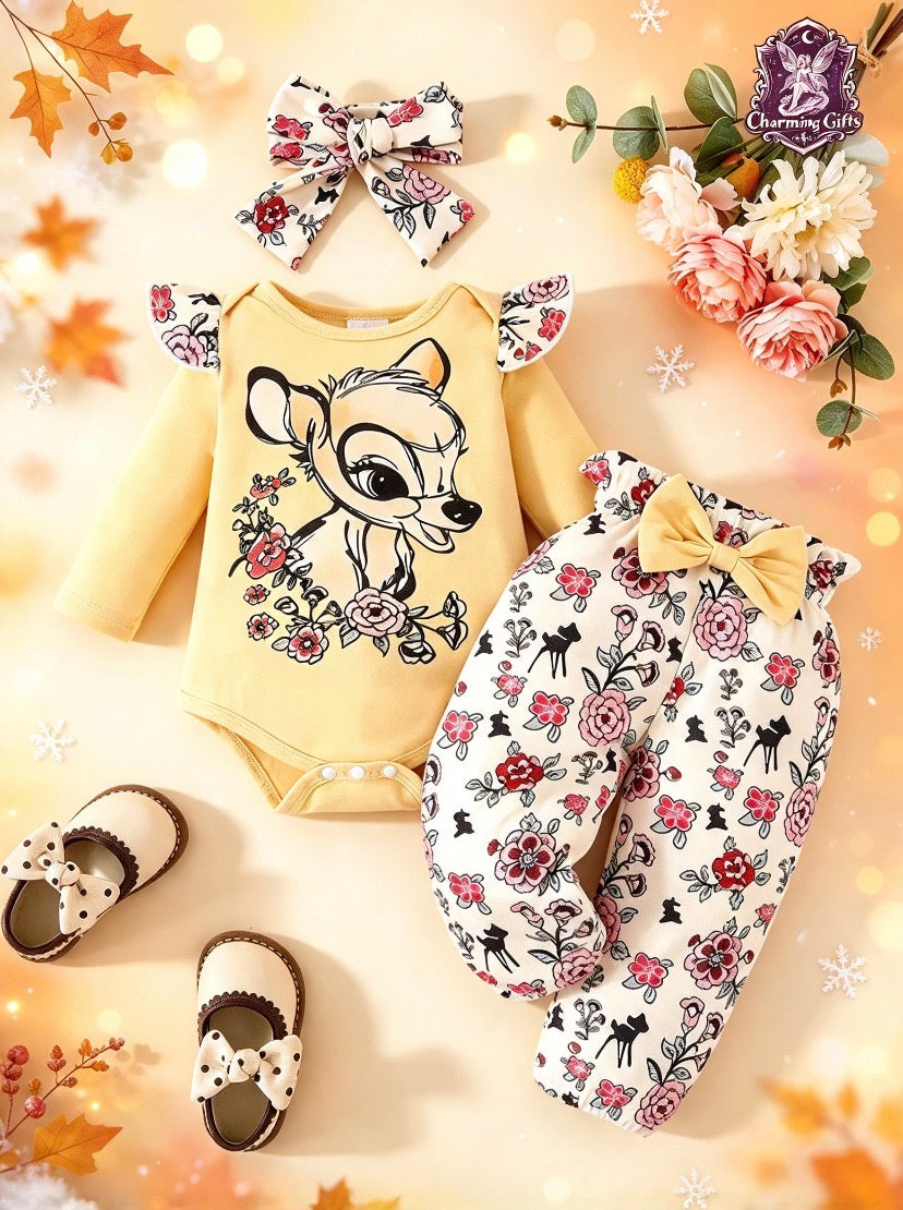 🦌 Bambi Floral 3-Piece Baby Outfit Set 🩷