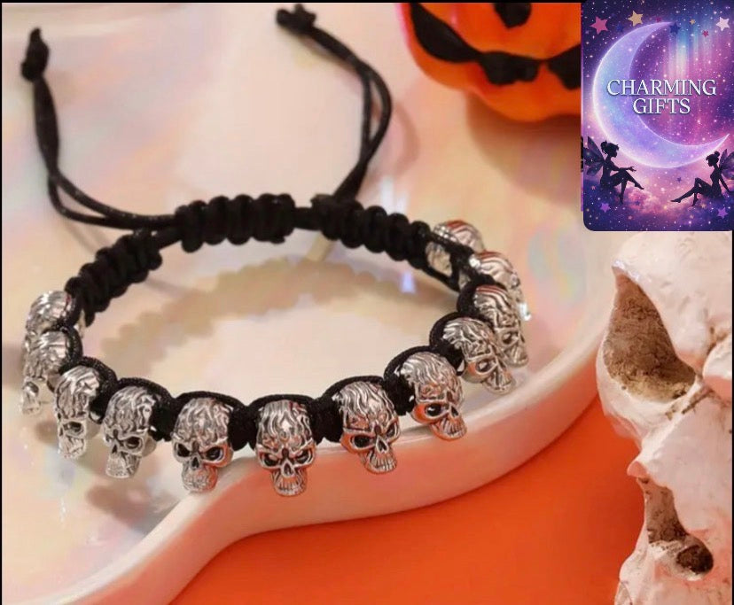 1pc Gothic Skull Beaded Bracelet, Adjustable Polyester Wristband, Halloween Accessory, Festive Gift, Turnable Skeleton Design for Daily & Holiday Wear