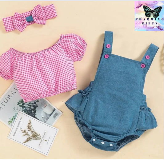 Summer new baby girl plaid short sleeved top denim Triangle Bodysuit & HeadBand