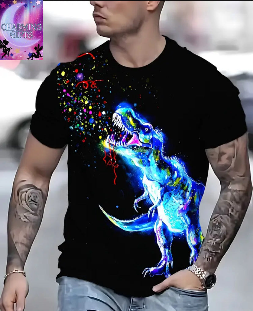 Men'S Vibrant Dinosaur Graphic T-Shirt - Short Sleeve, Crew Neck, Stretch Polyester Fabric, Casual All-Season Wear, Dinosaur