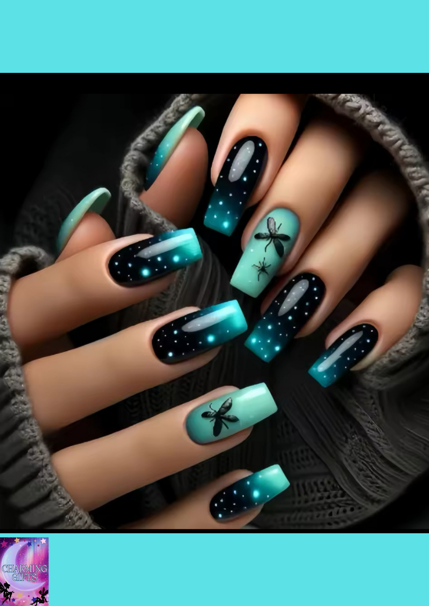 24pcs/set medium long fake nails fashion butterfly feather forest sea wave design gradient blue purple green press on false nail