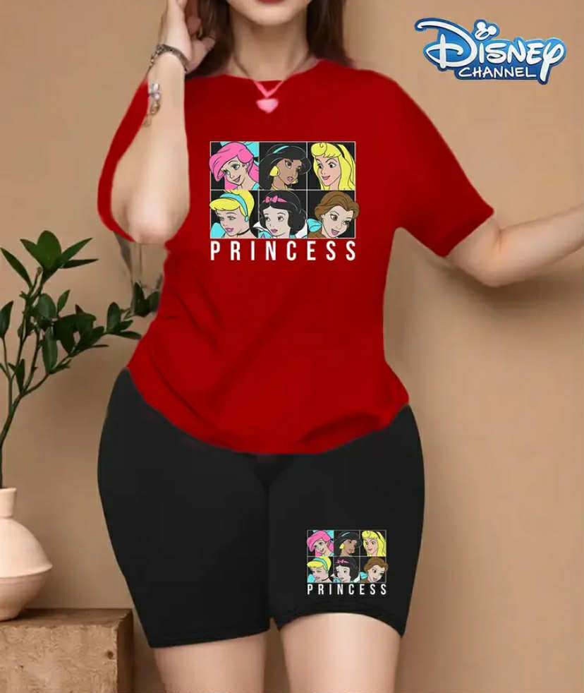 Disney Collection [Authorized] Disney Princess Printed Short Sleeve Women's, Plus Size Women's Round Neck T-Shirt Shorts Set, Simple Fashion Summer Casual Sports Two Piece Suit Perfect choice!