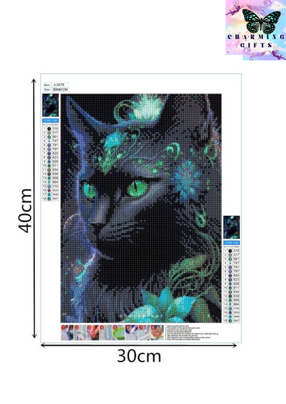 5D Diamond Art Painting Kit, DIY Diamond Painting Pictures, Diamond Rhinestone Crystal Cross Stitch Painting Painting by Numbers for Children Adults Home Wall Decoration (Black Cat)