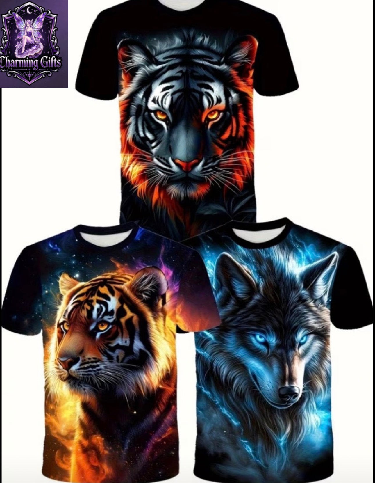 3pcs Set Men'S Vibrant Tiger And Wolf Print T-Shirt - Soft And Stretchy Short-Sleeve Round Neck for Summer Outdoor Casual Comfort, Lightweight Summer Top Suitable for Gym, Beach, And Casual Wear - Breathable Round Neck Design