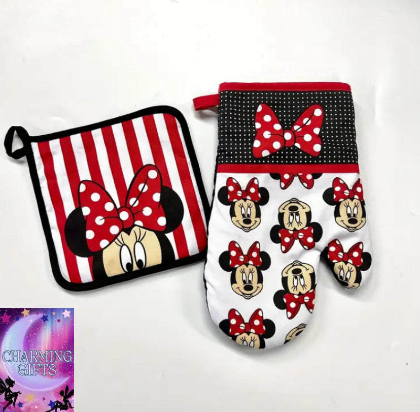 2pcs Insulated Gloves and Pot Holder Set, Kitchen Baking Gloves, Disney Classic Cartoon Characters Mickey and Minnie Mouse Cute Print