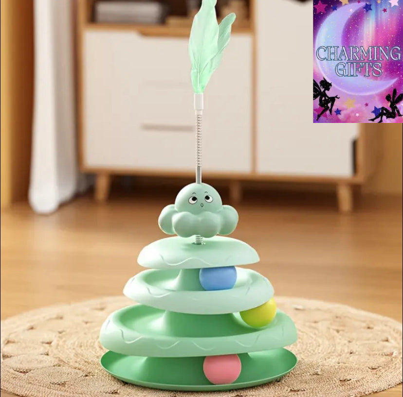 4-Tier Interactive Cat Toy with Colorful Leaves - Durable Plastic Solo Play & Bonding Activity Toy for All Cat Breeds, No Batteries Needed, Automatic Cat Toy, Cartoonish Design, Tube Mechanism