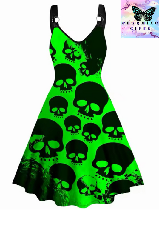 Summer Dresses for Womens 2024 Sundress Skull Print V Neck Dress O Ring Straps Sleeveless A Line Tank Dress