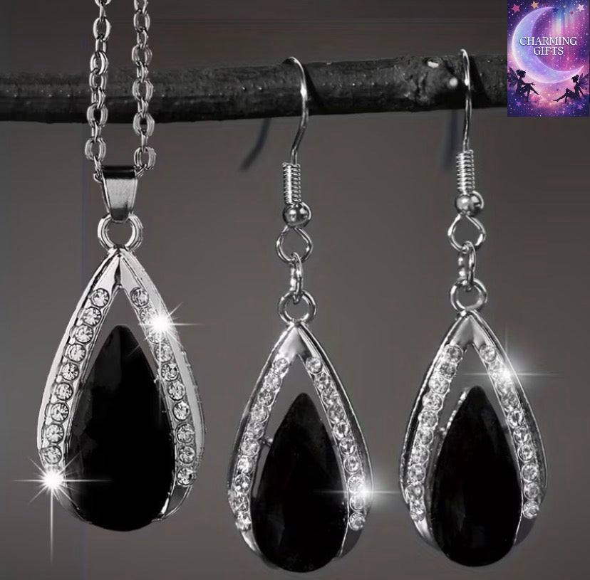 3pcs Fashion Exquisite Black And Red Water Drop Zirconia Pendant Earrings Necklace Jewelry Set Valentine'S Day Anniversary Birthday Party Wedding Gift Jewelry Additions Fashion Items That Can Be Worn All Year Round