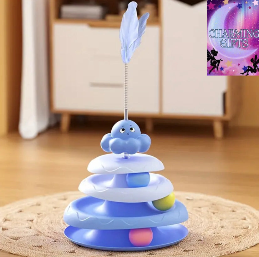 4-Tier Interactive Cat Toy with Colorful Leaves - Durable Plastic Solo Play & Bonding Activity Toy for All Cat Breeds, No Batteries Needed, Automatic Cat Toy, Cartoonish Design, Tube Mechanism