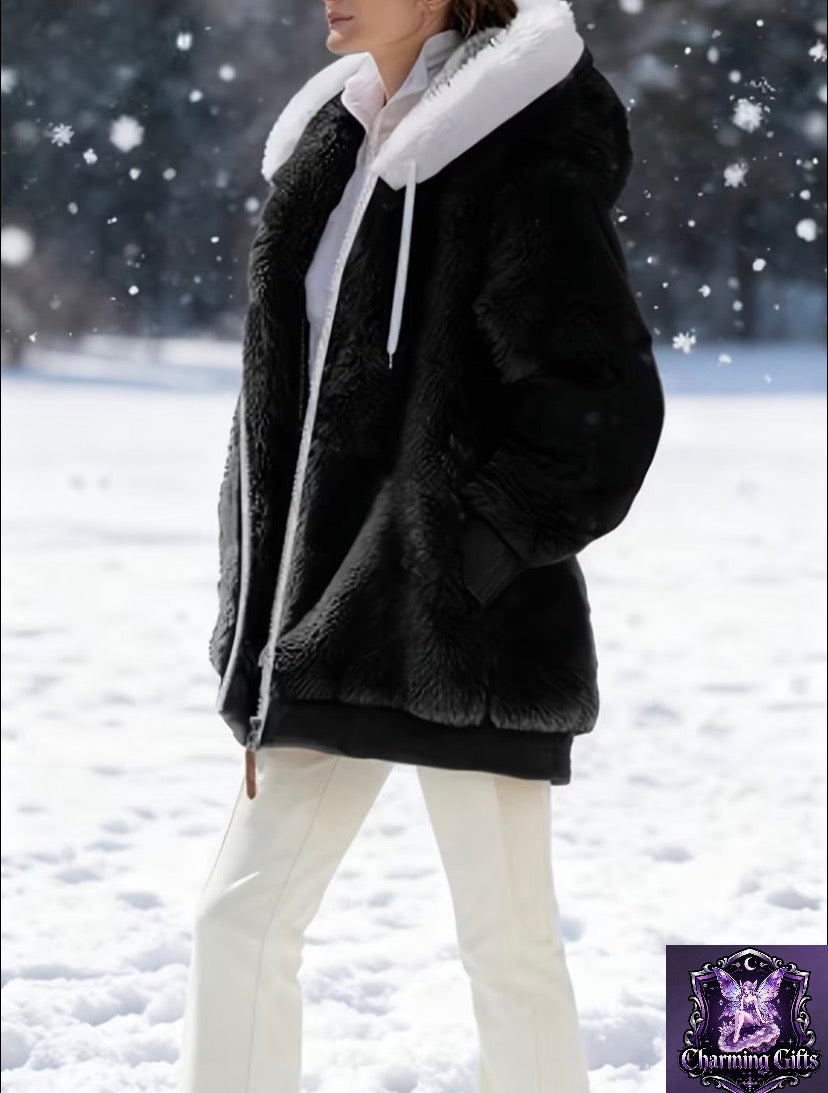 Women'S Autumn Winter Fleece Lined Zipper Hooded Coat, Elegant Winter Double-Faced Plush Coat Dress, Solid Color Design Machine Washable Loose Fit Suitable for Autumn Winter Wear