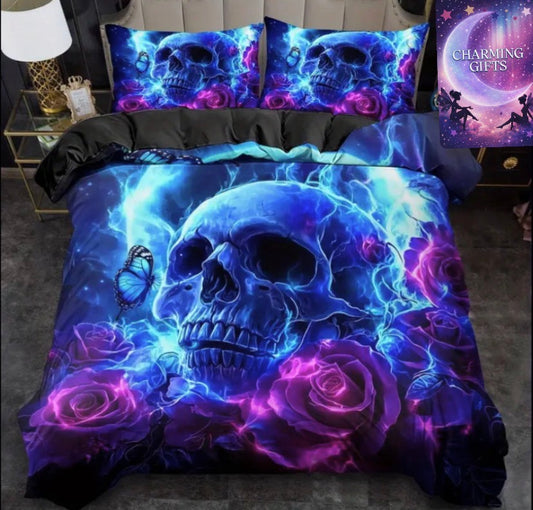 3pcs Quilt Cover Set, Fantasy Blue Skull Print Duvet Cover Set, King Queen Style Bedding Set, Polyester Machine Washable, Quilt Decoration, Bedroom Guest Room, Birthday Gift (Includes 1 Duvet Cover + 1 or 2 Pillowcases, (Double )
