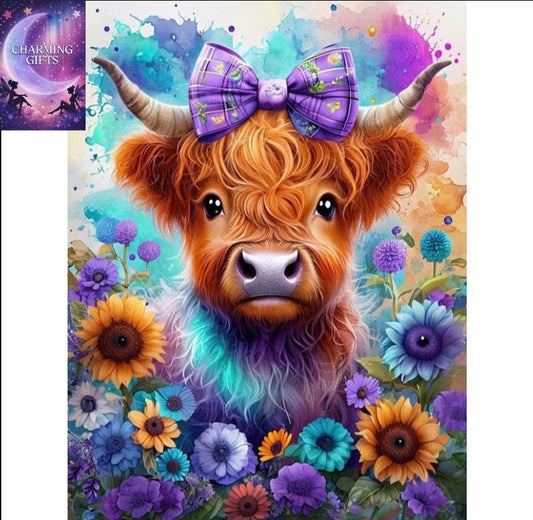 1pc, 5D Highland Cow Diamond Painting with Purple Bow, Colorful Floral Background Diamond Sticker, Cartoon Animal Diamond Decorative Art