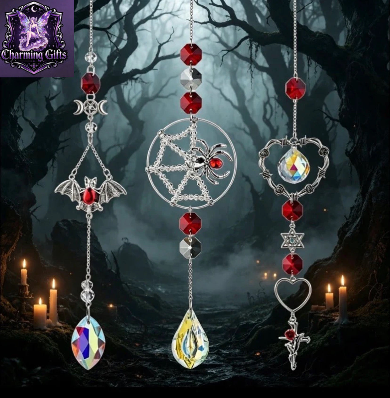 Set of 3 Crystal Spider Catchers, Spooky Halloween Light Catchers, Spider Decorations on Webs, Witch Wall Hangings, Decorations for The Dark Season Red