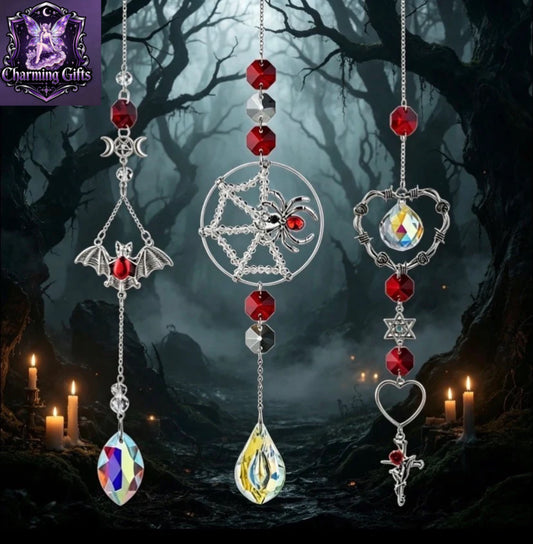Set of 3 Crystal Spider Catchers, Spooky Halloween Light Catchers, Spider Decorations on Webs, Witch Wall Hangings, Decorations for The Dark Season Red