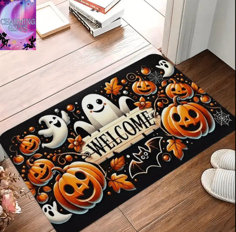 1pc Halloween Welcome Mat - Spooky Pumpkin, Ghosts, Bats, Autumn Leaves & Welcome Sign Design in Black, Orange, White - Non-Slip Rubber Backing Door Mat for Indoor/Outdoor Entryway, Kitchen, Laundry Room - Machine Washable Halloween Decoration Mat,