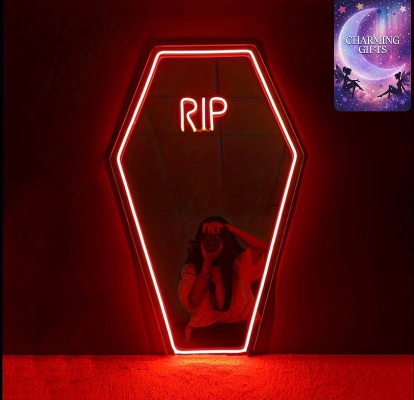 RIP Neon Selfie Mirror Coffin - USB Powered, Adjustable LED Lighting, Wall Mountable, Perfect Spooky Halloween Gift for Women with Unique Coffin Design
