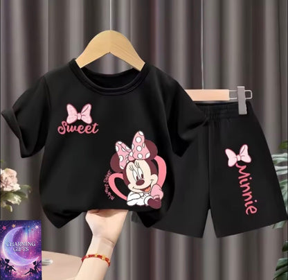 Children's T Shirt and Shorts Two Piece Set Girls O Neck Short Sleeve Top Suit Kids Casual Outfits Summer Breathable Shorts Sets