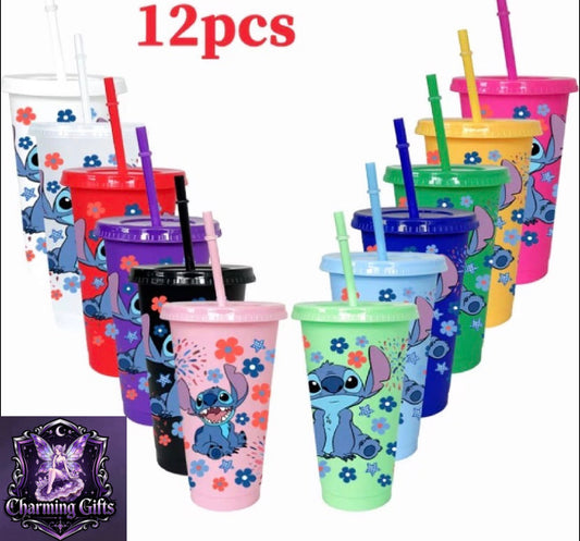 12pcs Plastic Water Cup Stitch , Flower Pattern, 780ml/26oz with Cover and Straw, Summer Holiday Beach Water Cup/home Kitchen Decorative Cold Drink Cup, Reusable Water Tumblers mixed Colors