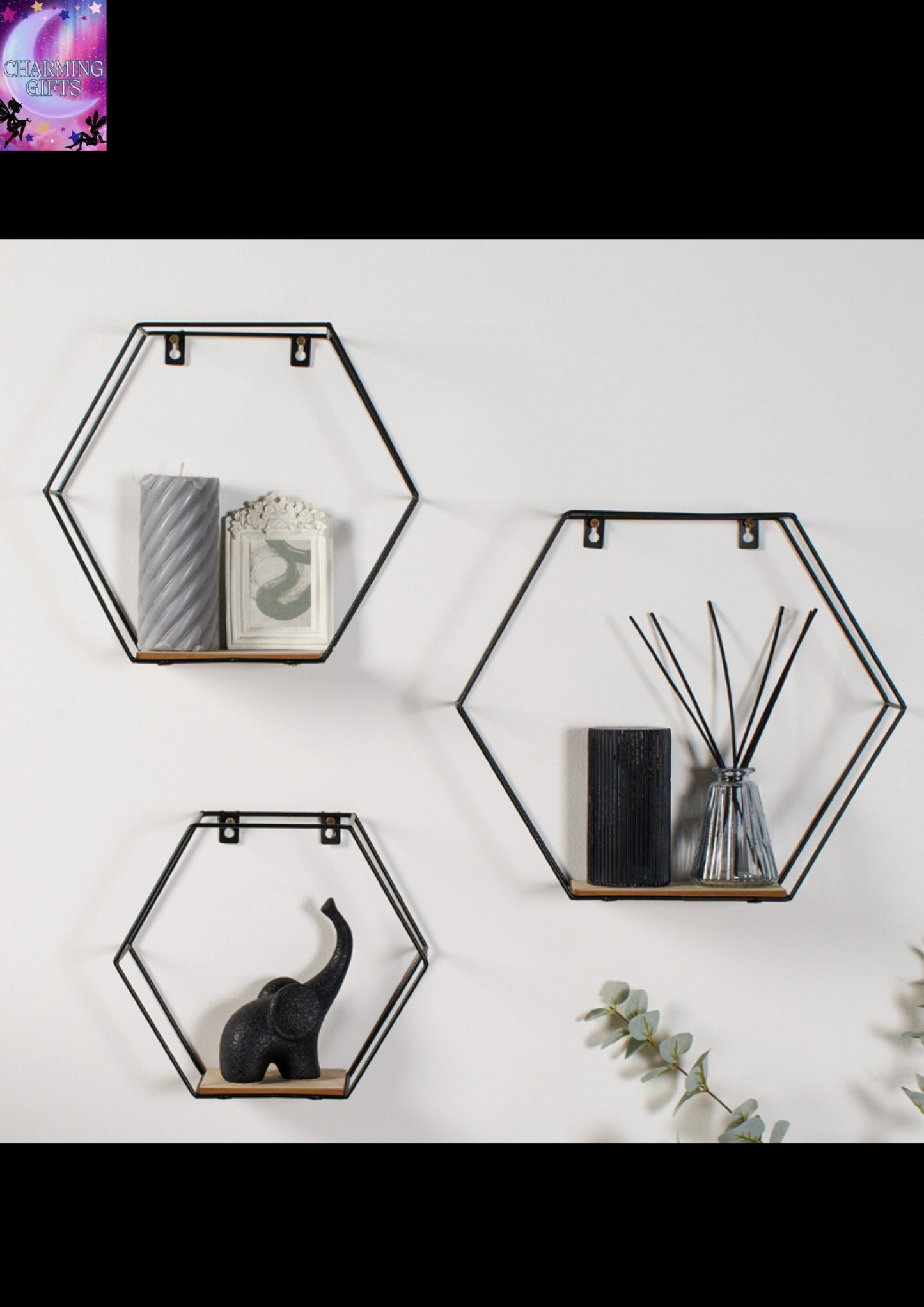 Hexagon Iron Wall Rack Shelf, 3 Piece - Black