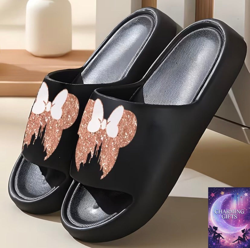 1 Pair Women's Slippers - Rose Golden Shimmer EVA Sole & Upper, Indoor/Outdoor House Shoes Suitable for, Beach, Bath, Birthday Gifts, Minnie Silhouette, - for And, Women Shoes