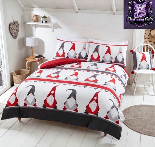 Gonk Gathering Polycotton Duvet Cover Set – Festive Christmas Gnome Bedding | Reversible Red & Grey Nordic Design | Double & | Includes Matching Pillowcases | Easy-Care, Durable & Machine Washable |
