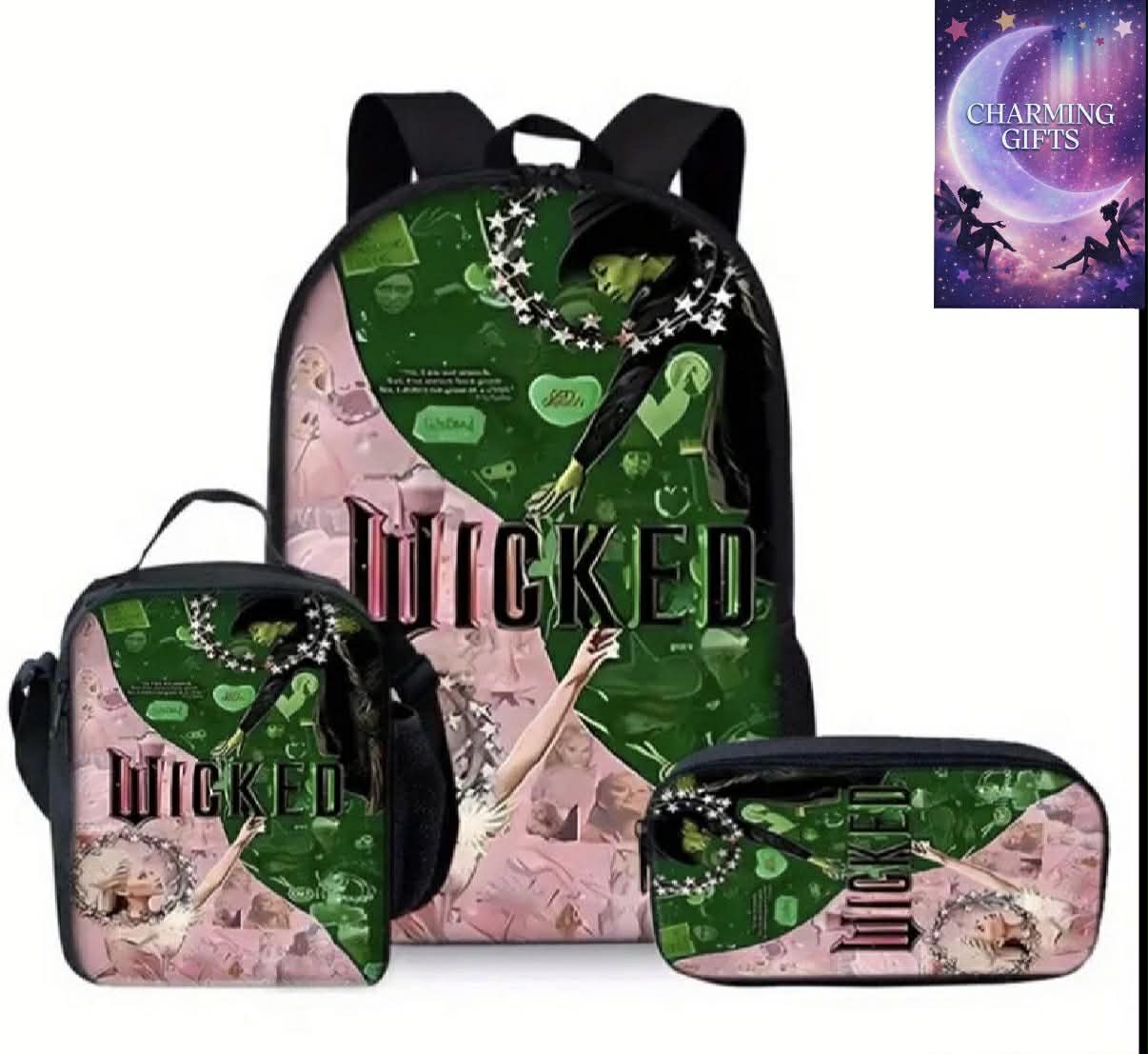 [Wicked-Themed Backpack Set] Halloween Wicked-Themed Backpack & Pouch Set - Lightweight, Adjustable Strap, Zipper Closure, Hand Washable, Fashionable Green & Pink Design with Witch Hat & Star Accents, School Backpack|Witchcraft Design|Zippered Backpack