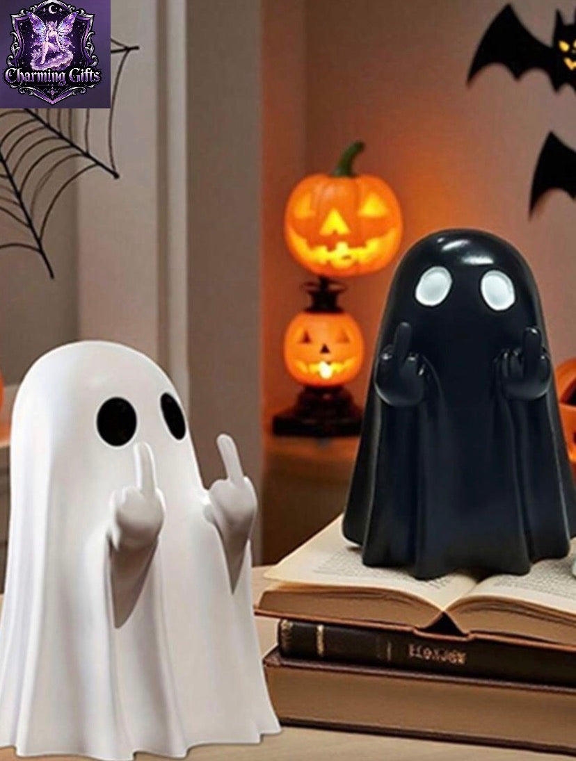 2pcs Funny Halloween Ghost Figurines Resin Ghost Small Ornaments Spooky Desktop Decor Rebellious Ghost Sculpture Cute Scary Desktop Home Decor Gothic Halloween Party Room Decoration Gift Halloween Decoration