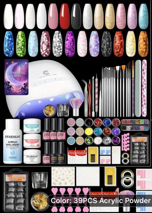 39 pc Peacecolor Acrylic Nail Kit with Acrylic Powder Acrylic Liquid And Gel Nail Polish Nail Lamp Complete Manicure Tools Set Nail Extension Beginner Nails Art Salon Cheap Stuff