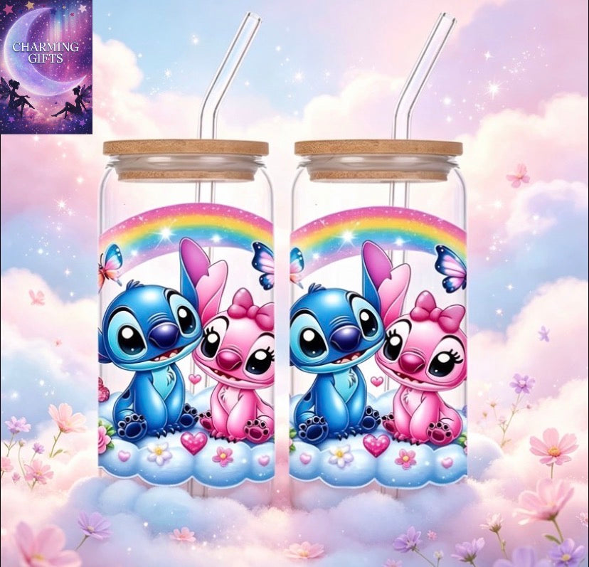 2pcs disneys stitch  Cartoon Water Cups, Rainbows, Butterflies, Cartoon Character Prints, 16oz Glasses with Bamboo Lids and Glass Straws, Birthday Gifts for Friends and Family, Gifts for Nurses' Day/wedding Season/independence Day/teachers' Day/back-to-sc