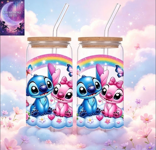 2pcs disneys stitch  Cartoon Water Cups, Rainbows, Butterflies, Cartoon Character Prints, 16oz Glasses with Bamboo Lids and Glass Straws, Birthday Gifts for Friends and Family, Gifts for Nurses' Day/wedding Season/independence Day/teachers' Day/back-to-sc