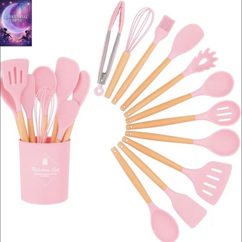 12PCS Silicone Kitchen Utensil Set with Holder Non-Stick Heat Resistant Cooking Tools Set Wooden Handle Cookware Accessories