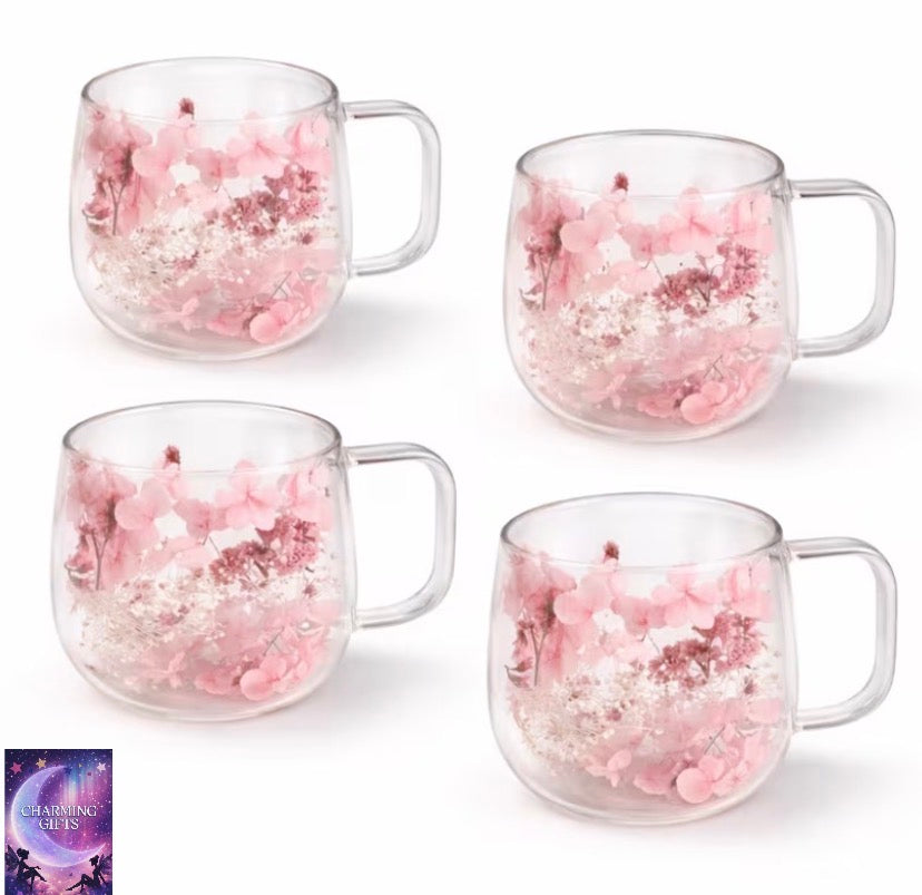 200ml 4pcs Set Of Double Walled Glass Cup Dried Flower Insulated Coffee Tea Mug with Handle Mug Gift Set