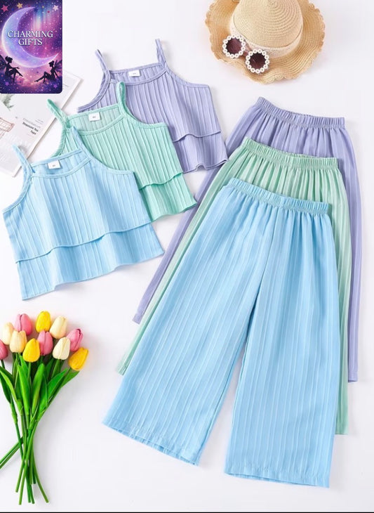 Girls' 6pcs Solid Color Camisole with Solid Color Slacks Outdoor Suit, Perfect for Outdoor