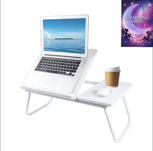 [Cozy Comfort] Versatile Folding Laptop Desk with Cup Holder - 5-Level Adjustable Tilt, Portable & Sturdy Wooden Frame, Ideal for Reading, Studying & Serving Breakfast in Bed