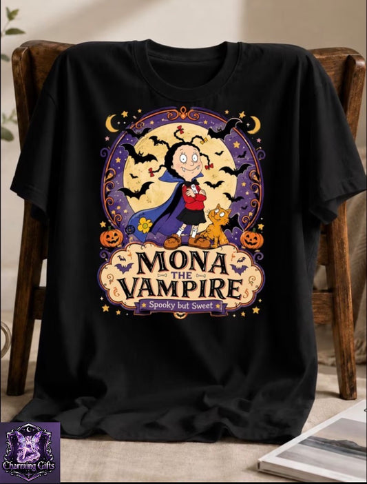Unisex T-Shirt Mona The Vampire Spooky But Sweet Cartoon Girl Cat Bats Moon Pumpkins Gothic Animation Retro TV T-Shirt