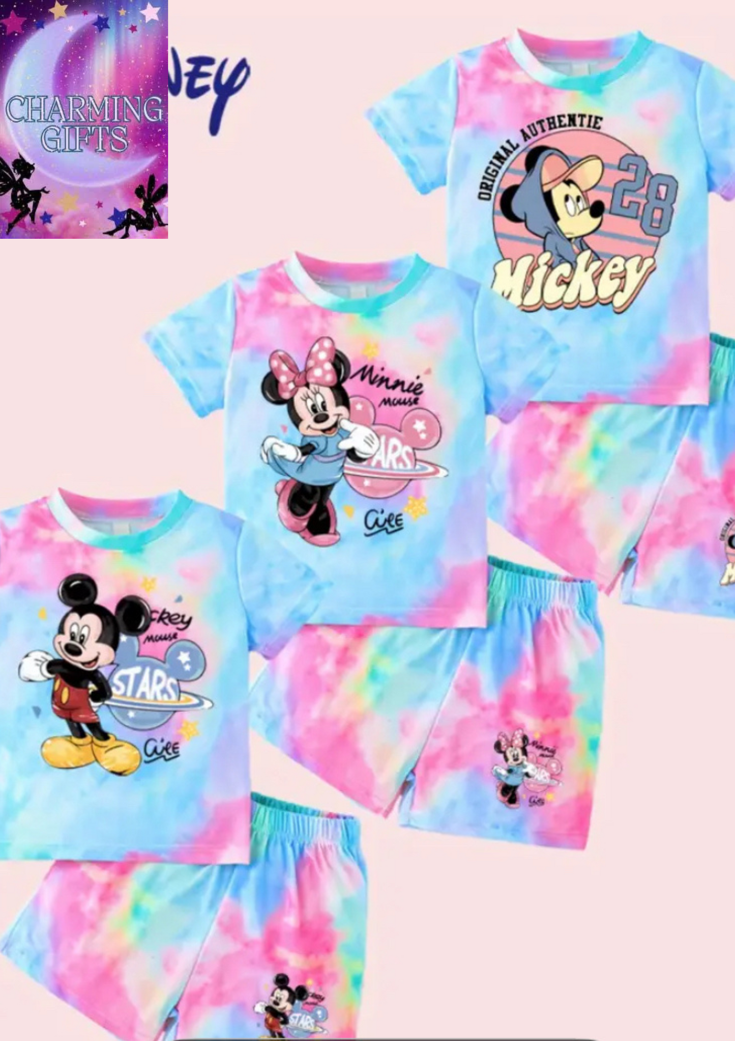 Minnie & Mickey Mouse 6pcs Kids' Set - Short Sleeve T-Shirts + Shorts, Casual Summer Wear, Suitable for 3-7 Year Olds, Girls' Clothing, Adorable Youngsters' Outfit, Perfect for Holiday/Birthday Gifts, Outdoor Camping Wear, for Outdoor