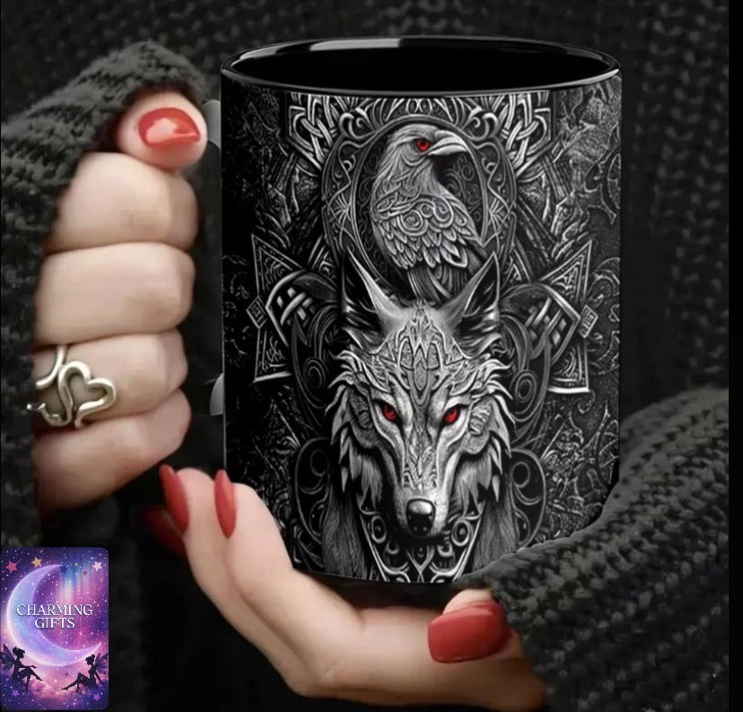 1pc 11oz Artistic Design Ceramic Mug - Wolf & Raven Celtic Knot with Intricate Knotwork - Wide Mouth Durable Coffee Cup for Camping, Travel - Valentine's Gift Travel Coffee Mug - Hand Wash Only Camping Drinkware