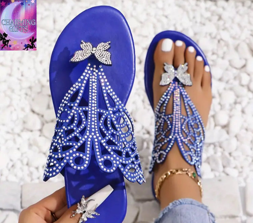 Stylish Black Faux Cover Butterfly Flat Sandals - Elegant Women's Rhinestone Clip Toe Design with Hollow-Out Pattern - Rubber Sole for Summer Wear