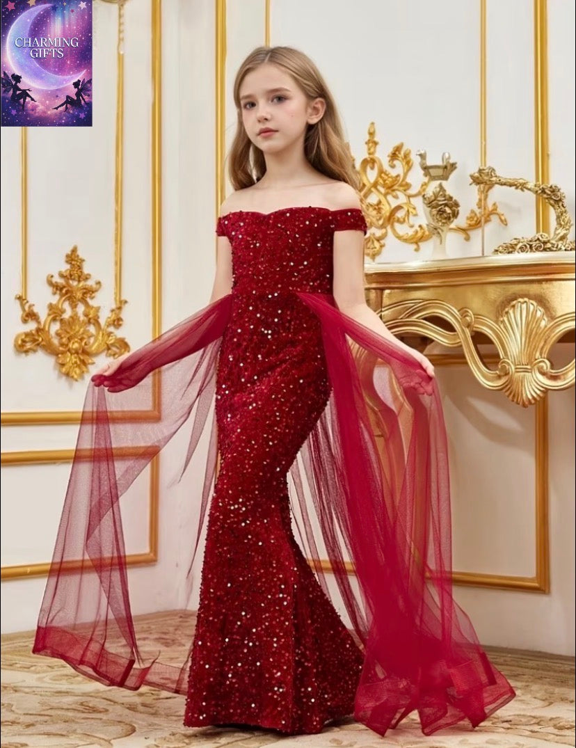 Girl's Luxury Off-Shoulder Sequin Mermaid Party Dress - Long Tulle Layered Fitted Evening Gown, Suitable for Special Occasions, Back-to-school Season, Graduation Season, Bridesmaid Dresses, and Daily Wear