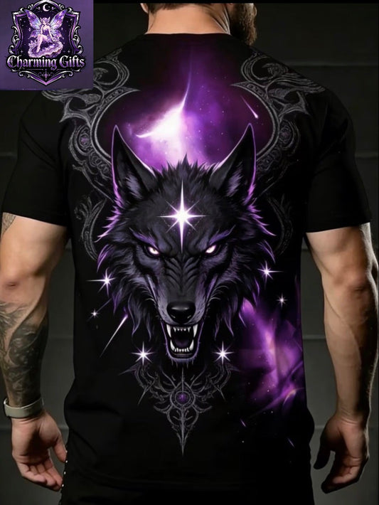 Star Shard Wolf Soul" Dark Purple Flame Wolf Head T-Shirt, Summer Hot Item Trendy Brand Versatile Style Plus Size Men'S Short Sleeve Tee,  Loose Fit Round Neck Casual Summer Men'S Top